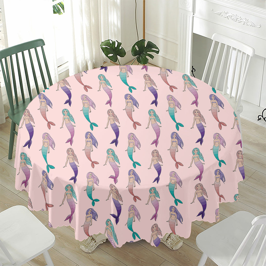 Mermaid Girls Pattern Print Waterproof Round Tablecloth