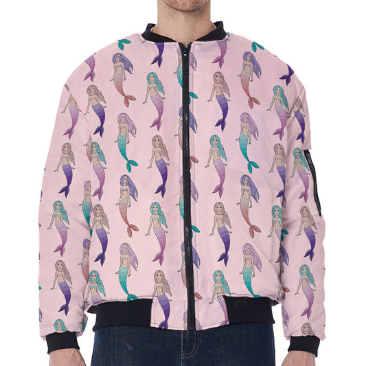 Mermaid Girls Pattern Print Zip Sleeve Bomber Jacket