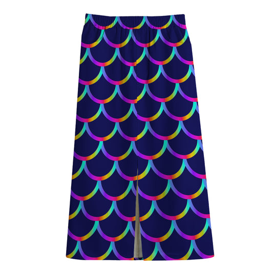Mermaid Scales Pattern Print Cotton Front Slit Maxi Skirt