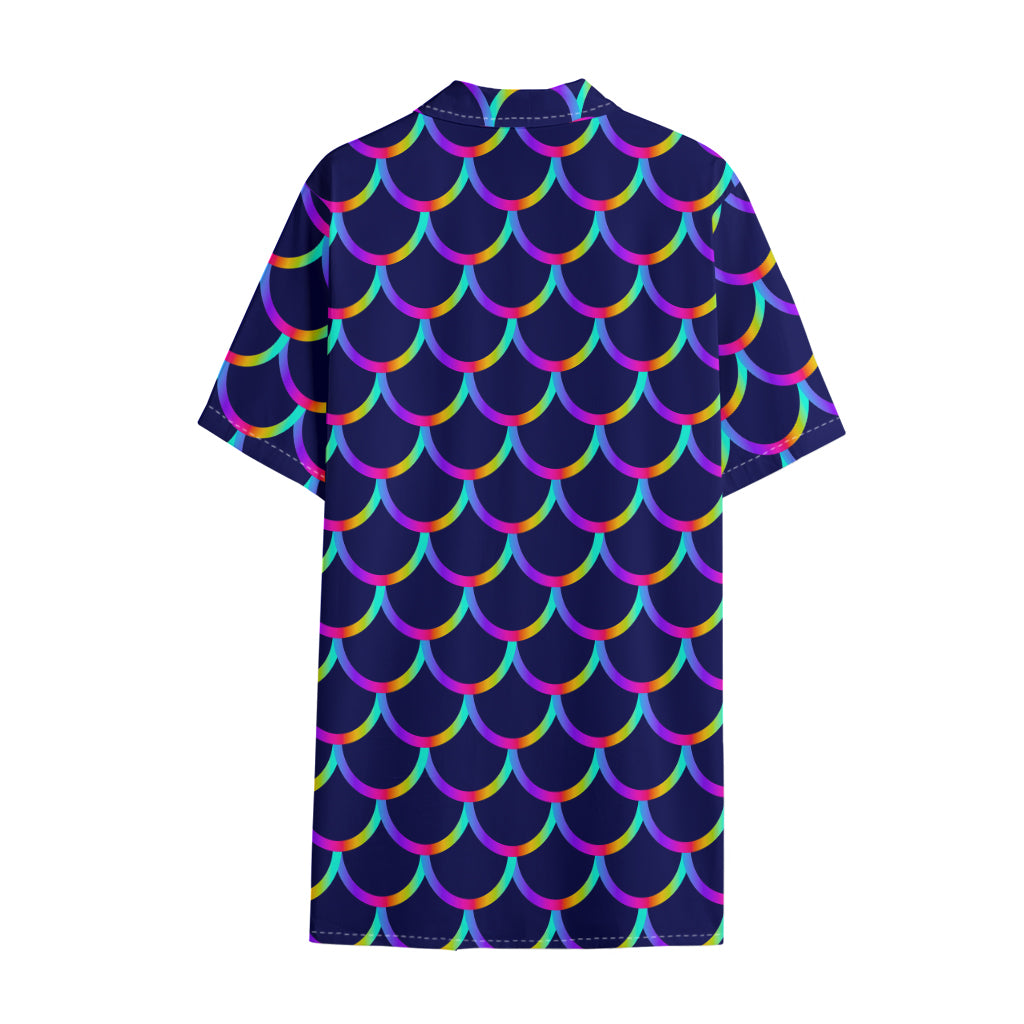 Mermaid Scales Pattern Print Cotton Hawaiian Shirt