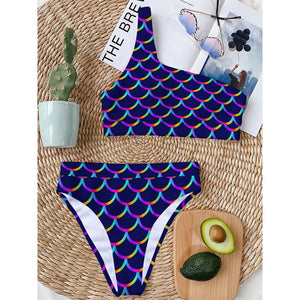 Mermaid Scales Pattern Print One Shoulder Bikini Top