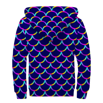 Mermaid Scales Pattern Print Sherpa Lined Zip Up Hoodie