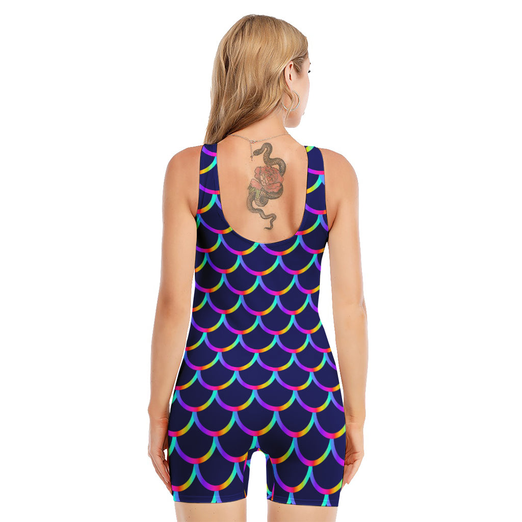 Mermaid Scales Pattern Print Sleeveless One Piece Swimsuit