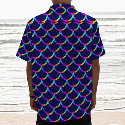 Mermaid Scales Pattern Print Textured Short Sleeve Shirt