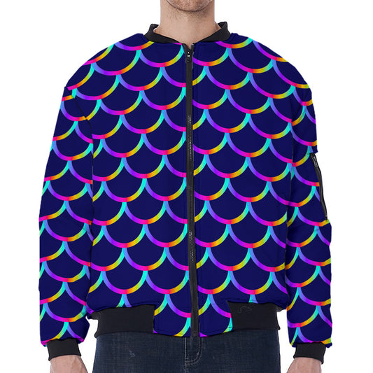 Mermaid Scales Pattern Print Zip Sleeve Bomber Jacket