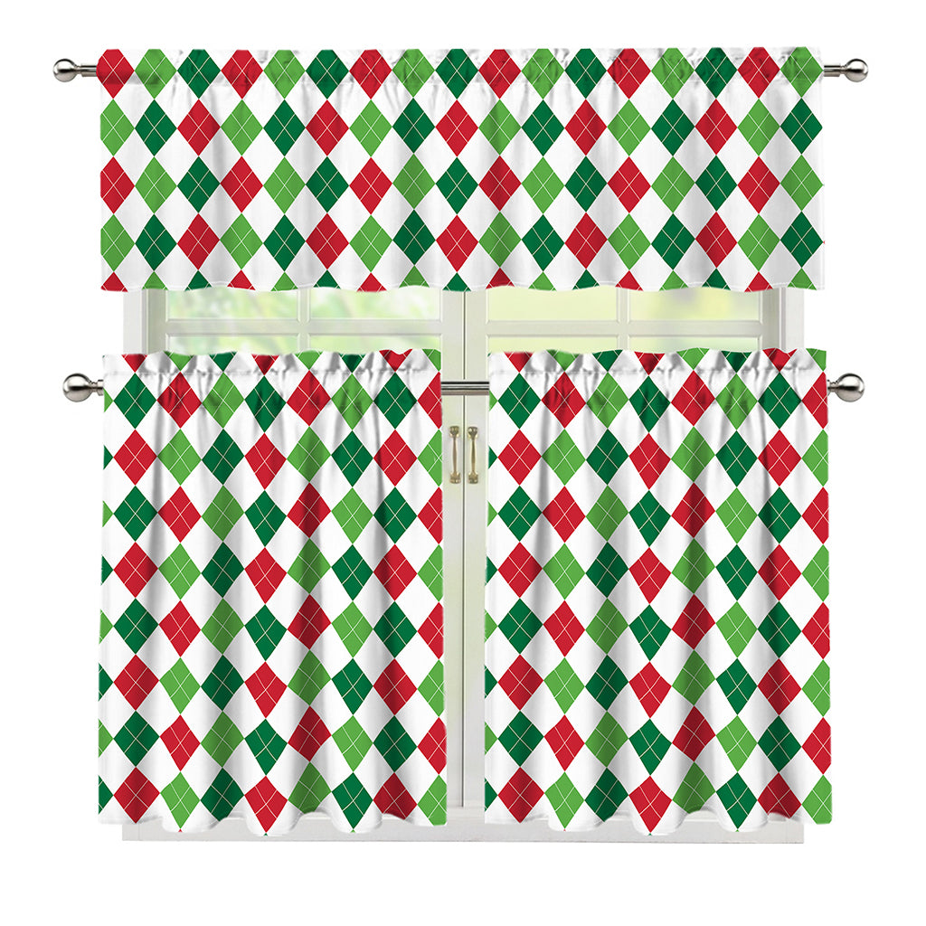 Merry Christmas Argyle Pattern Print 3 Piece Kitchen Curtains