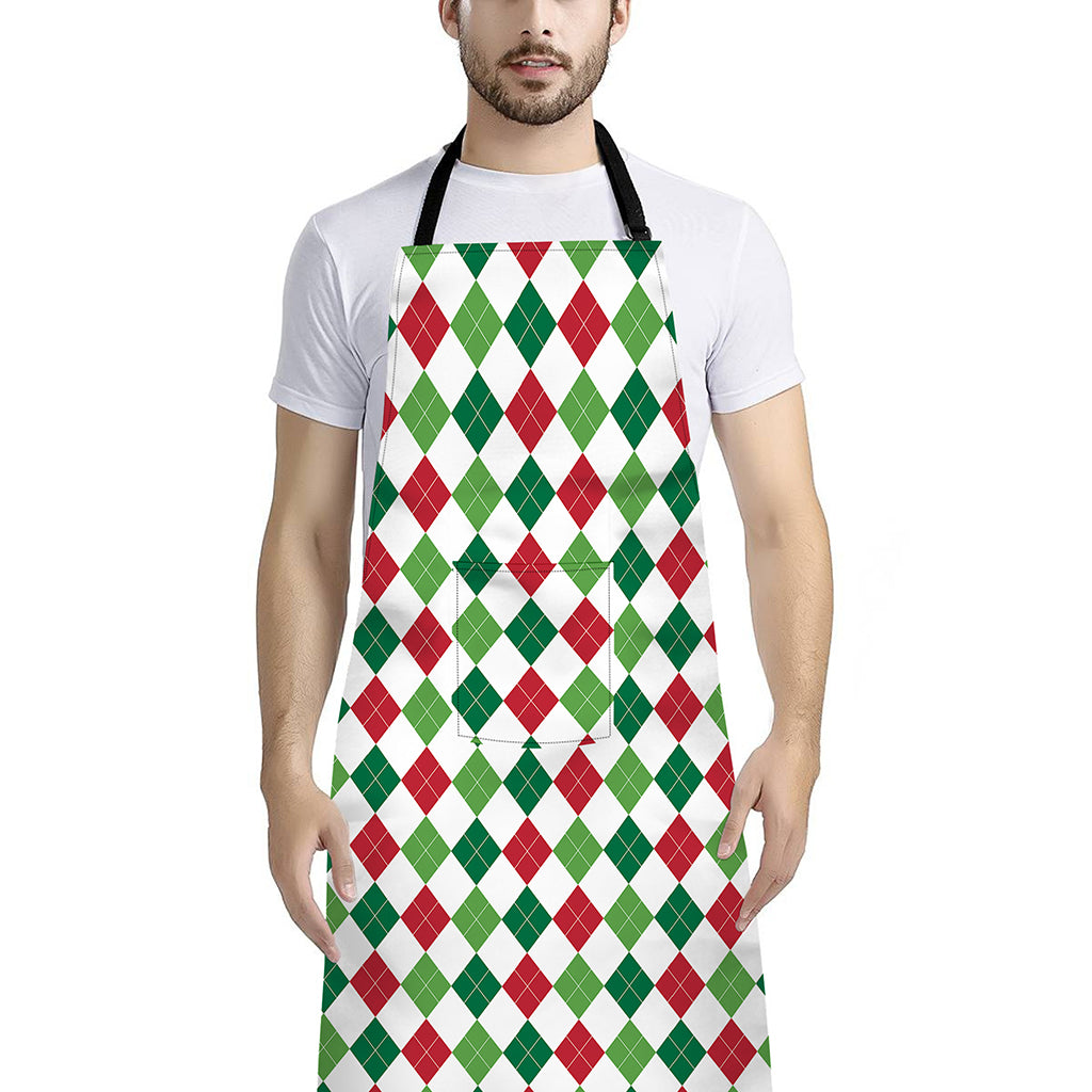 Merry Christmas Argyle Pattern Print Bib Apron With Pocket