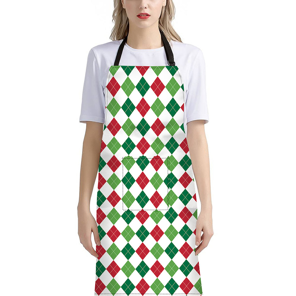 Merry Christmas Argyle Pattern Print Bib Apron With Pocket