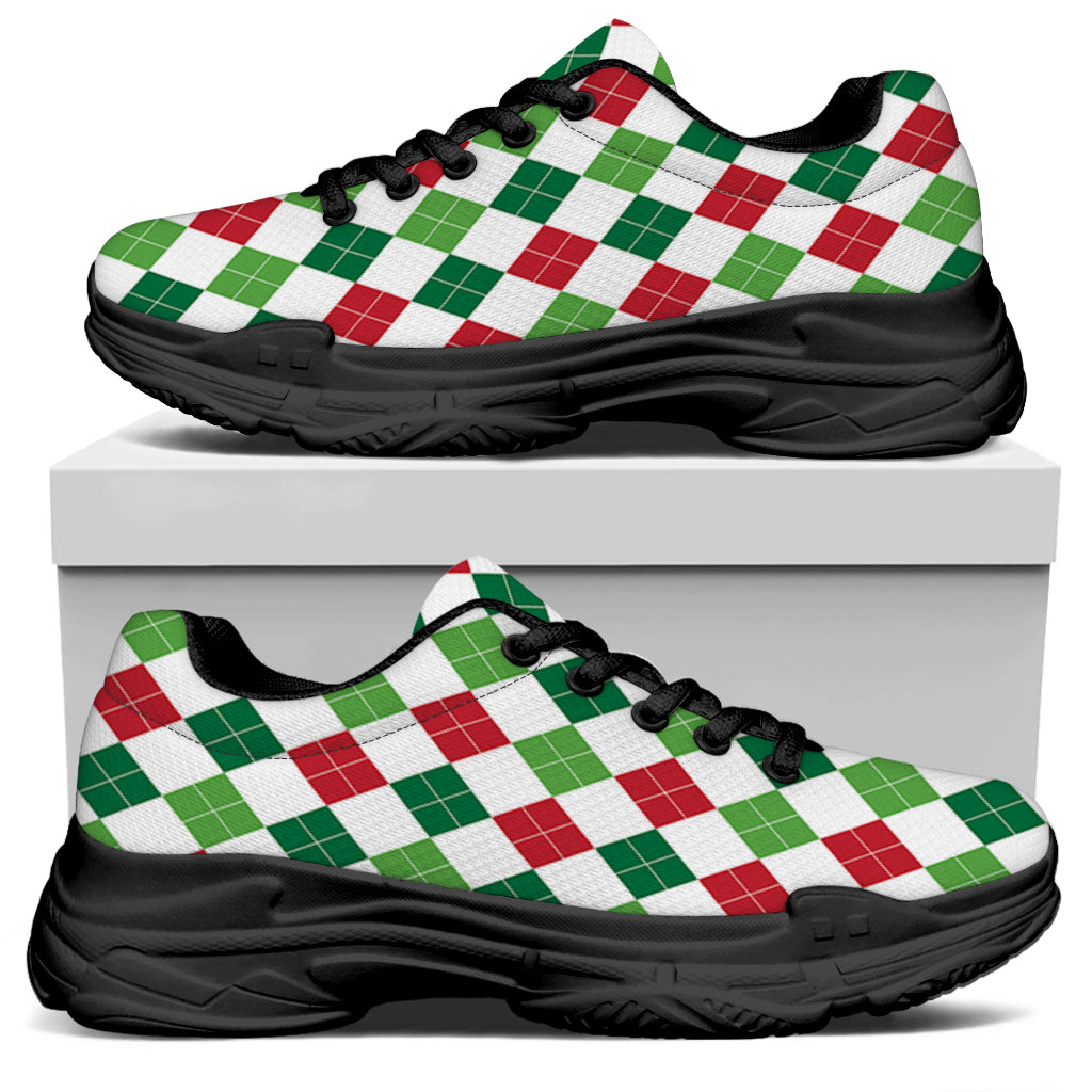 Merry Christmas Argyle Pattern Print Black Chunky Shoes