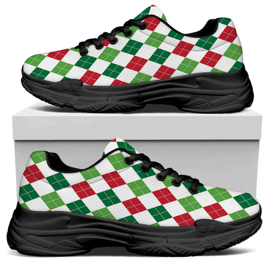 Merry Christmas Argyle Pattern Print Black Chunky Shoes