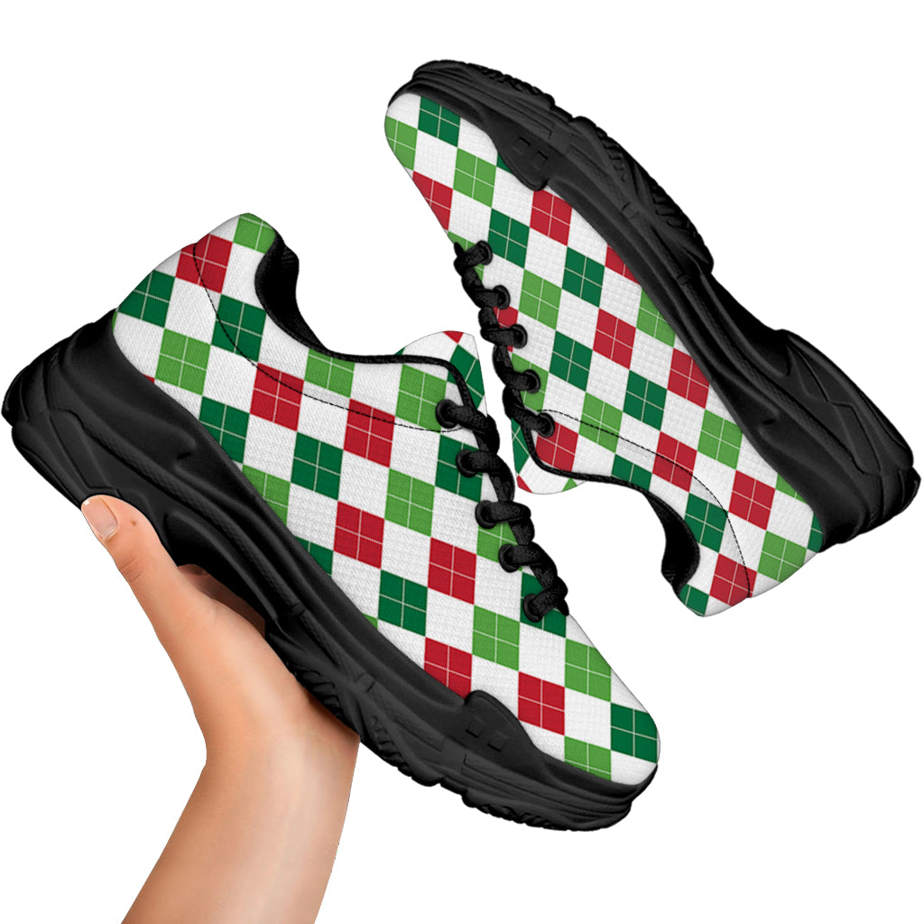 Merry Christmas Argyle Pattern Print Black Chunky Shoes