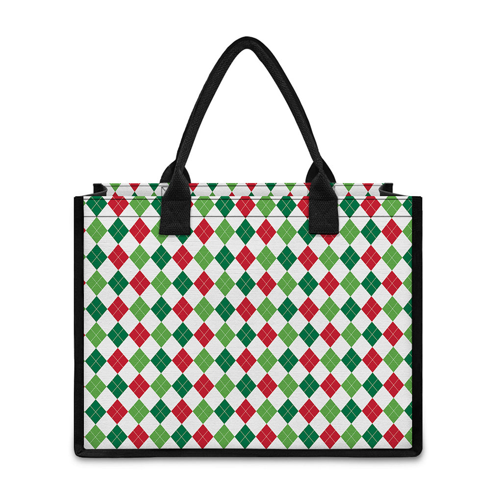 Merry Christmas Argyle Pattern Print Canvas Tote Bag