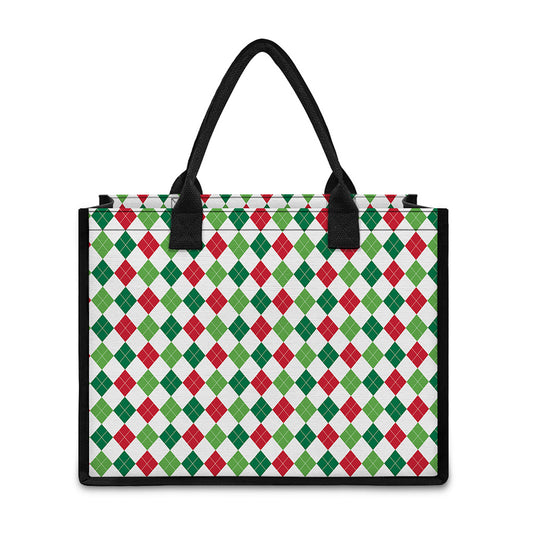Merry Christmas Argyle Pattern Print Canvas Tote Bag