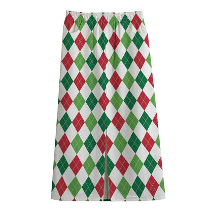 Merry Christmas Argyle Pattern Print Cotton Front Slit Maxi Skirt