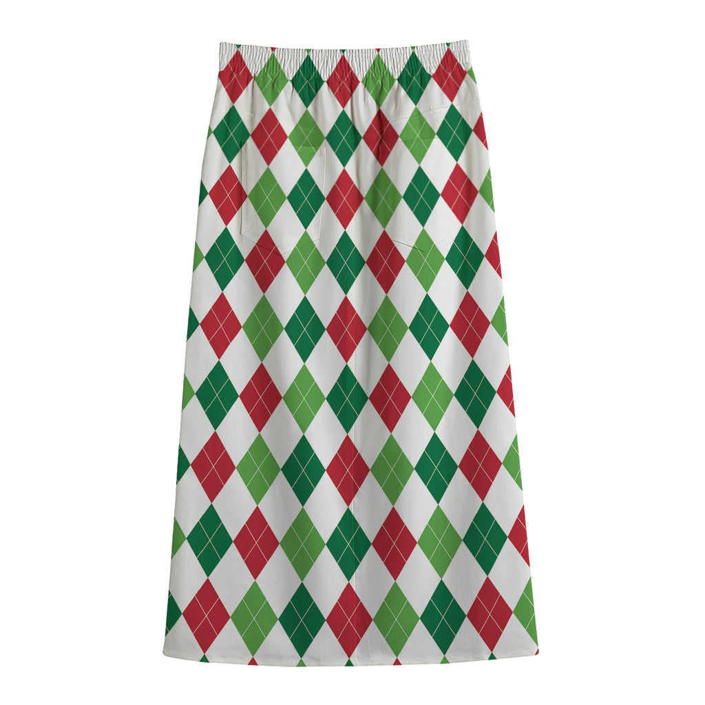 Merry Christmas Argyle Pattern Print Cotton Front Slit Maxi Skirt