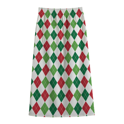 Merry Christmas Argyle Pattern Print Cotton Front Slit Maxi Skirt