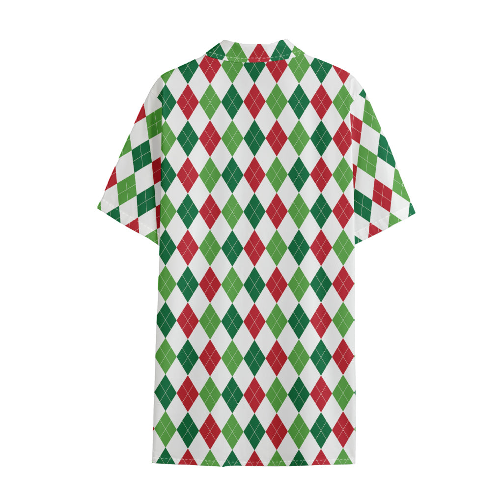Merry Christmas Argyle Pattern Print Cotton Hawaiian Shirt