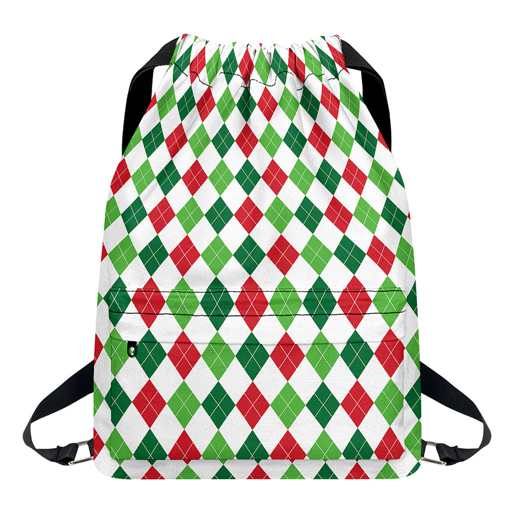 Merry Christmas Argyle Pattern Print Drawstring Backpack
