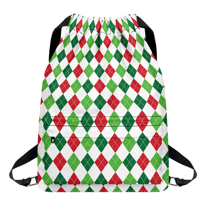 Merry Christmas Argyle Pattern Print Drawstring Backpack