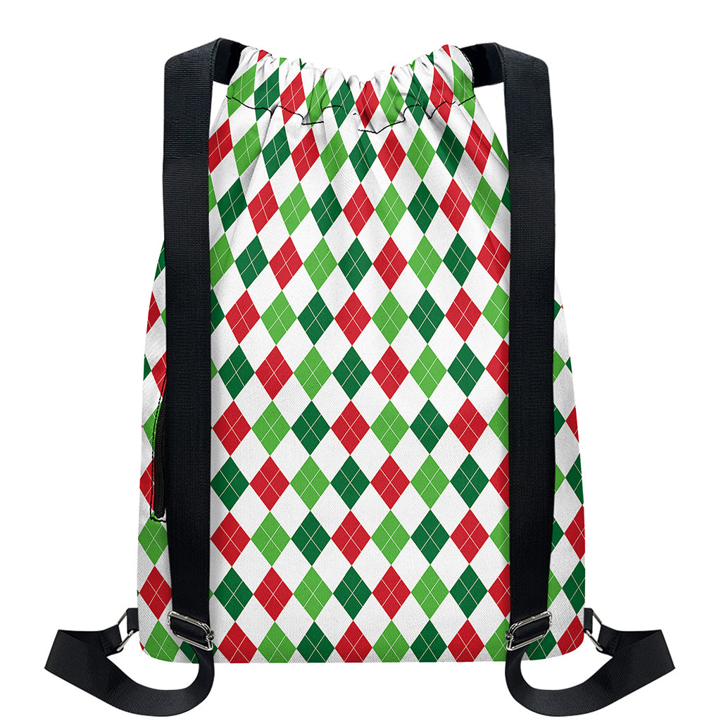 Merry Christmas Argyle Pattern Print Drawstring Backpack