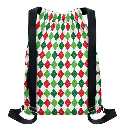 Merry Christmas Argyle Pattern Print Drawstring Backpack