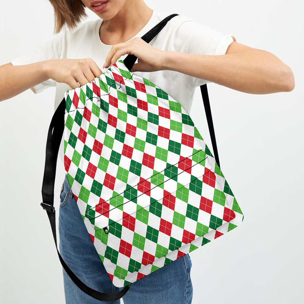 Merry Christmas Argyle Pattern Print Drawstring Backpack