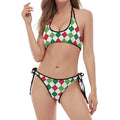Merry Christmas Argyle Pattern Print Halter Scoop Tie Side Bikini