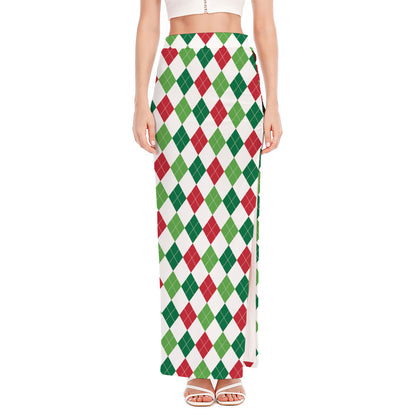 Merry Christmas Argyle Pattern Print High Slit Maxi Skirt