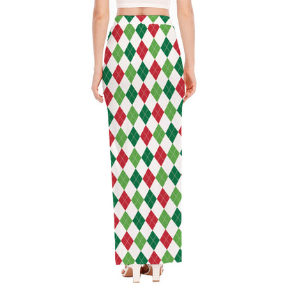 Merry Christmas Argyle Pattern Print High Slit Maxi Skirt