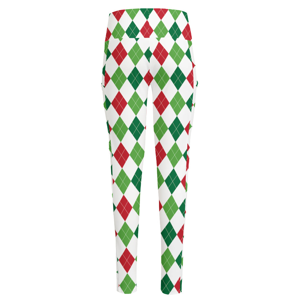 Merry Christmas Argyle Pattern Print High-Waisted Pocket Leggings