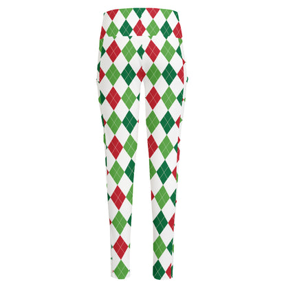Merry Christmas Argyle Pattern Print High-Waisted Pocket Leggings