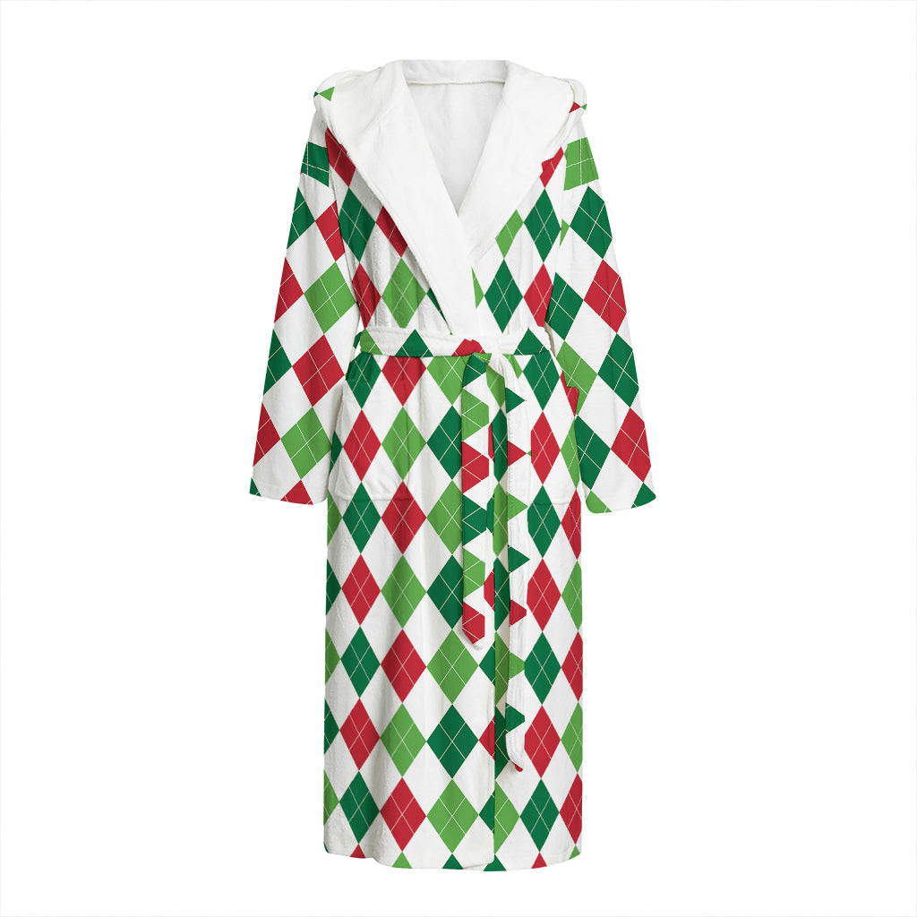 Merry Christmas Argyle Pattern Print Hooded Bathrobe