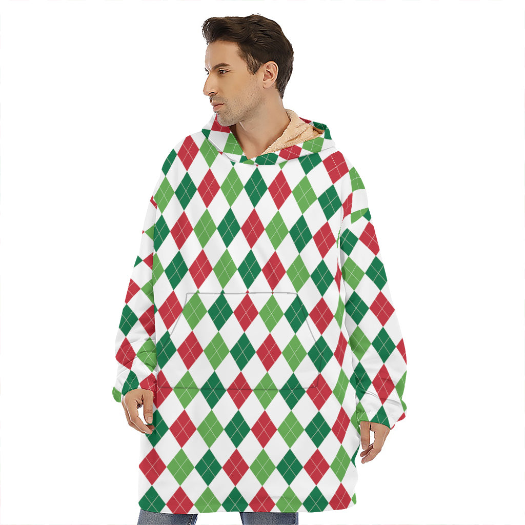 Merry Christmas Argyle Pattern Print Hoodie Blanket