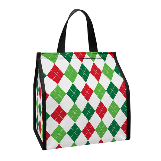 Merry Christmas Argyle Pattern Print Insulated Lunch Tote