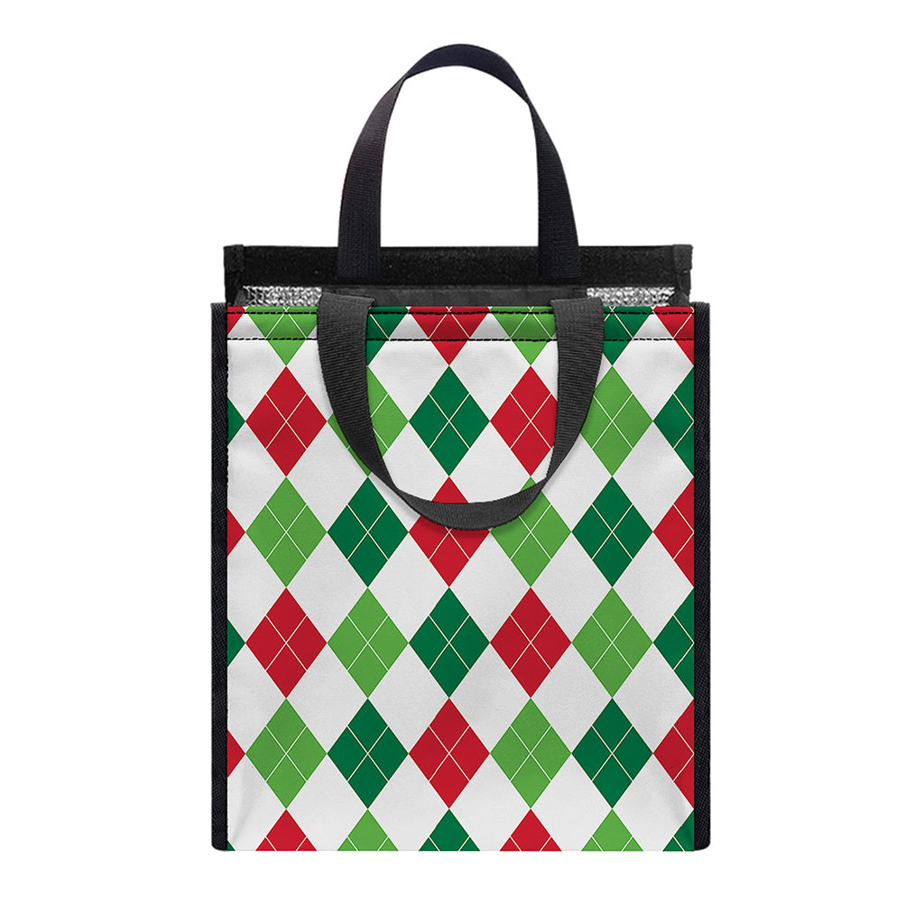 Merry Christmas Argyle Pattern Print Insulated Lunch Tote