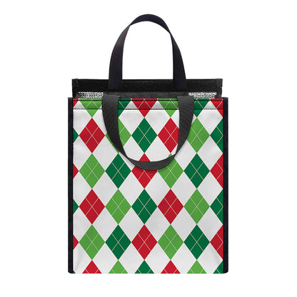 Merry Christmas Argyle Pattern Print Insulated Lunch Tote