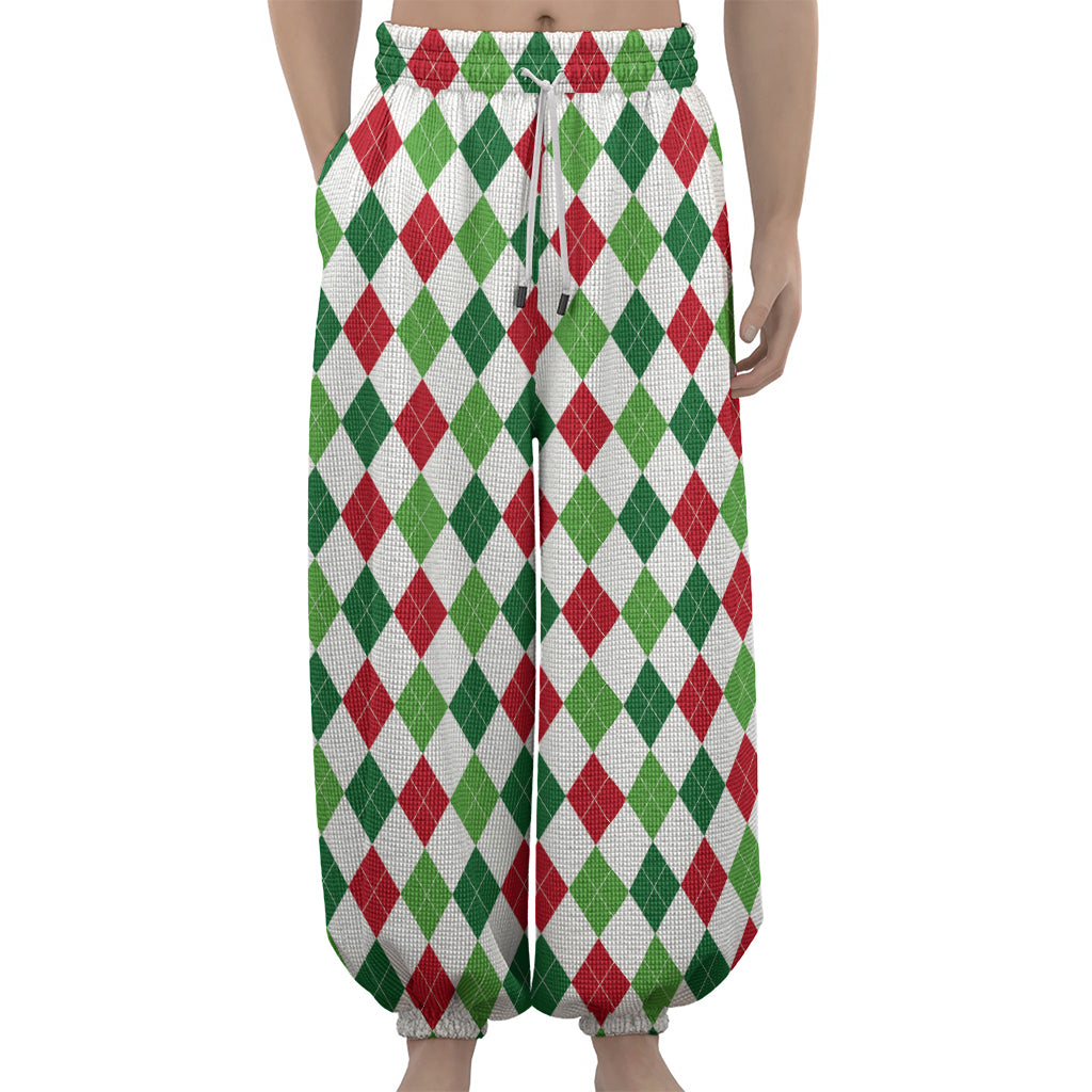 Merry Christmas Argyle Pattern Print Lantern Pants