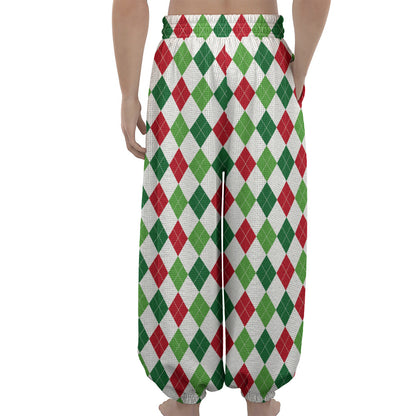 Merry Christmas Argyle Pattern Print Lantern Pants