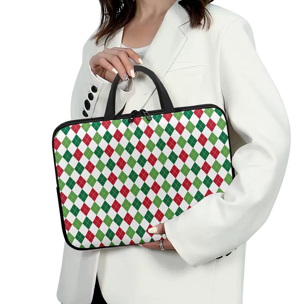 Merry Christmas Argyle Pattern Print Laptop Sleeve With Handle
