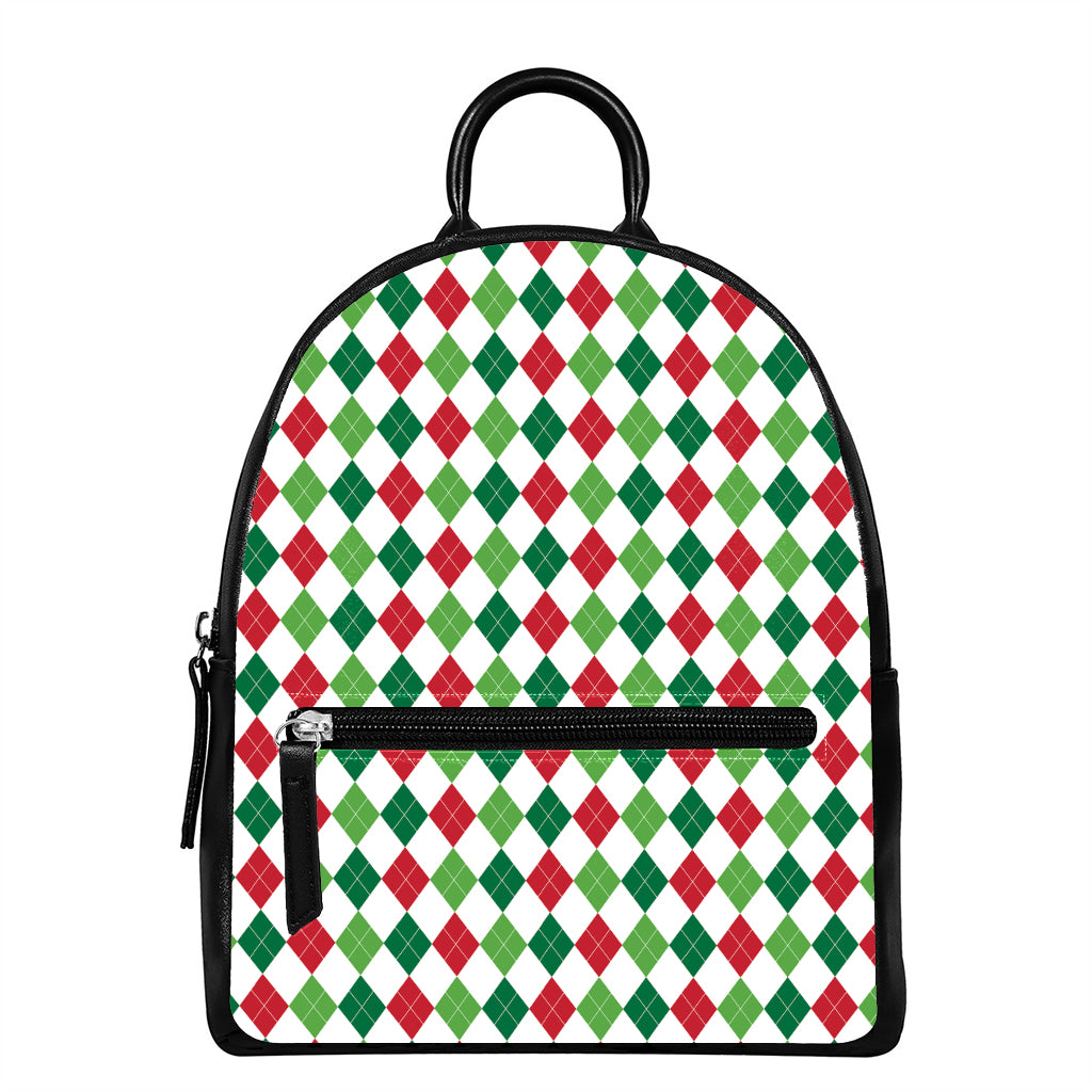 Merry Christmas Argyle Pattern Print Leather Backpack