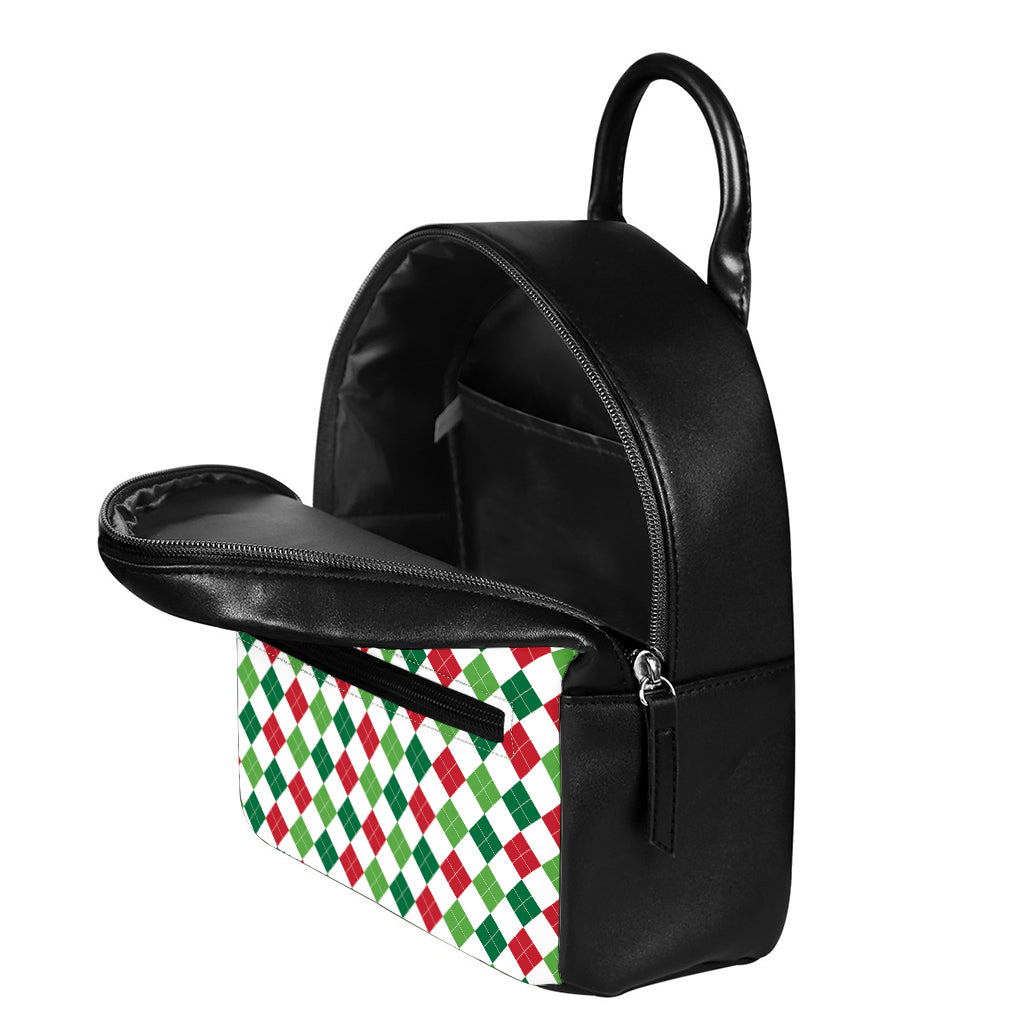 Merry Christmas Argyle Pattern Print Leather Backpack