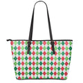 Merry Christmas Argyle Pattern Print Leather Tote Bag With Zipper