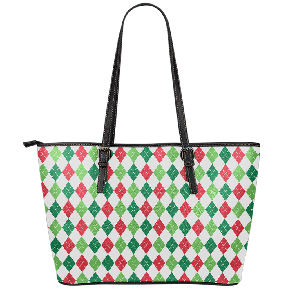 Merry Christmas Argyle Pattern Print Leather Tote Bag