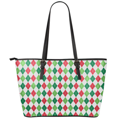 Merry Christmas Argyle Pattern Print Leather Tote Bag