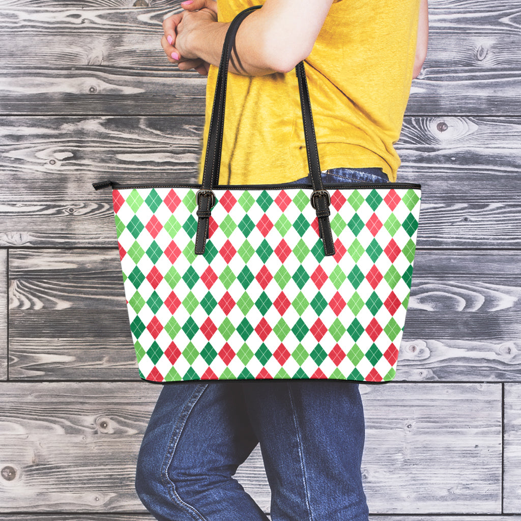 Merry Christmas Argyle Pattern Print Leather Tote Bag