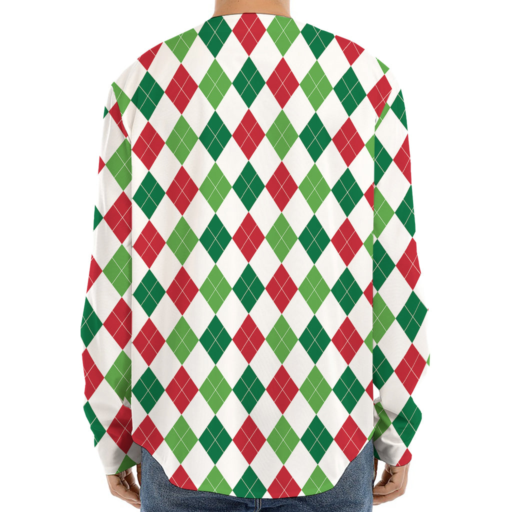 Merry Christmas Argyle Pattern Print Long Sleeve Baseball Jersey