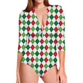 Merry Christmas Argyle Pattern Print Long Sleeve Swimsuit