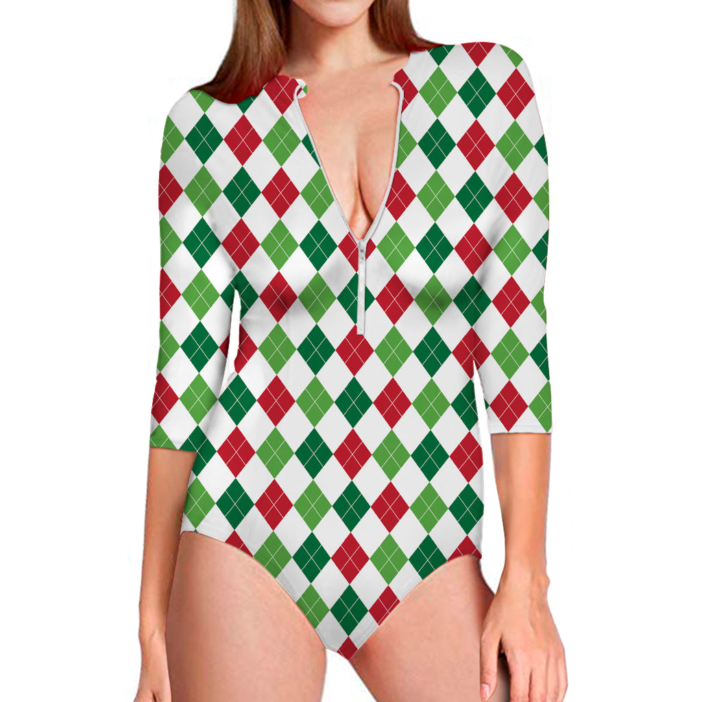 Merry Christmas Argyle Pattern Print Long Sleeve Swimsuit