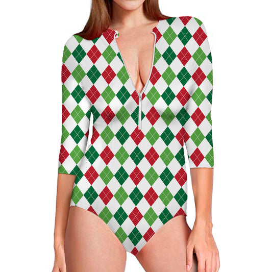 Merry Christmas Argyle Pattern Print Long Sleeve Swimsuit