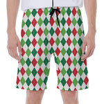 Merry Christmas Argyle Pattern Print Men's Beach Shorts